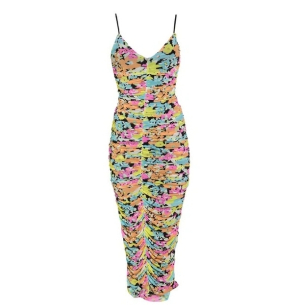 ARFM Ruched Mesh Midi Slipdress in Sky Floral Size Large NWT - Picture 2 of 15